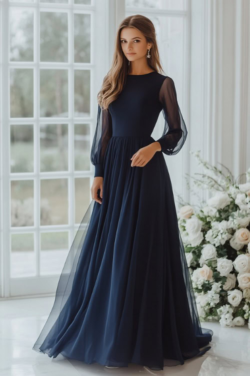 a woman wears a navy wedding guest dress with long sheer sleeves