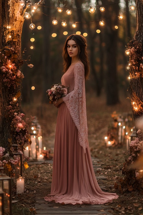 a woman wears a pink wedding guest dress with a lace shawl