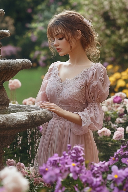 a woman wears a pink wedding guest dress with long puff sleeves and a lace bodice