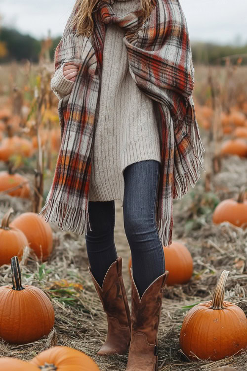 a woman wears a plaid scarf, beige sweater, jeans and brown cowboy boots