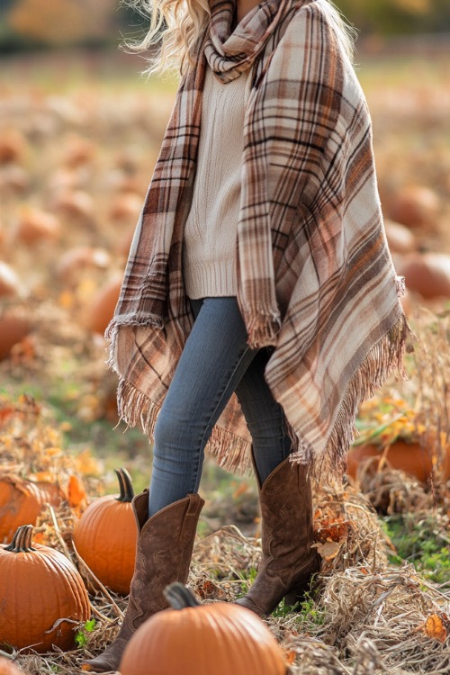 a woman wears a plaid shawl, beige sweater, jeans and brown cowboy boots