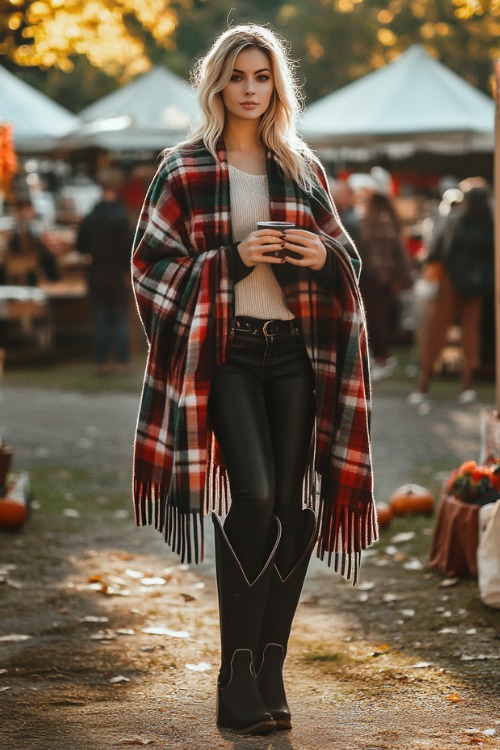 a woman wears a plaid shawl, black leggings and black cowboy boots (2)