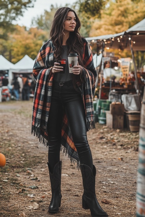 a woman wears a plaid shawl, black leggings and black cowboy boots