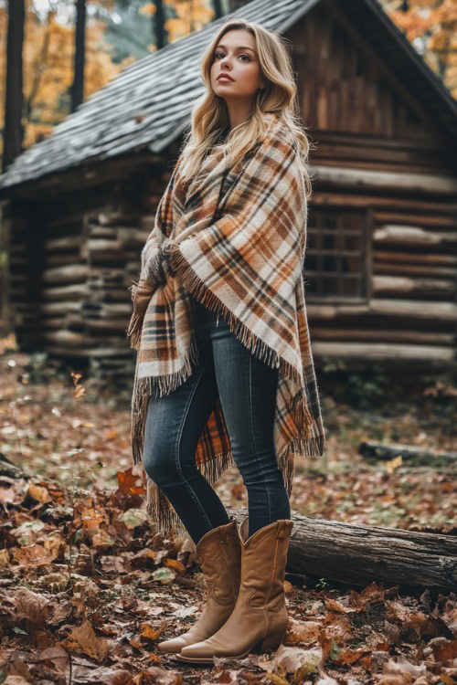 a woman wears a plaid shawl, jeans and brown cowboy boots