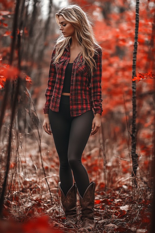 a woman wears a plaid shirt, black top, leggings and brown cowboy boots