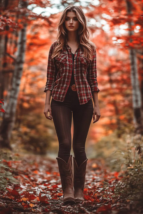 a woman wears a plaid shirt, dark jeans and brown cowboy boots (2)