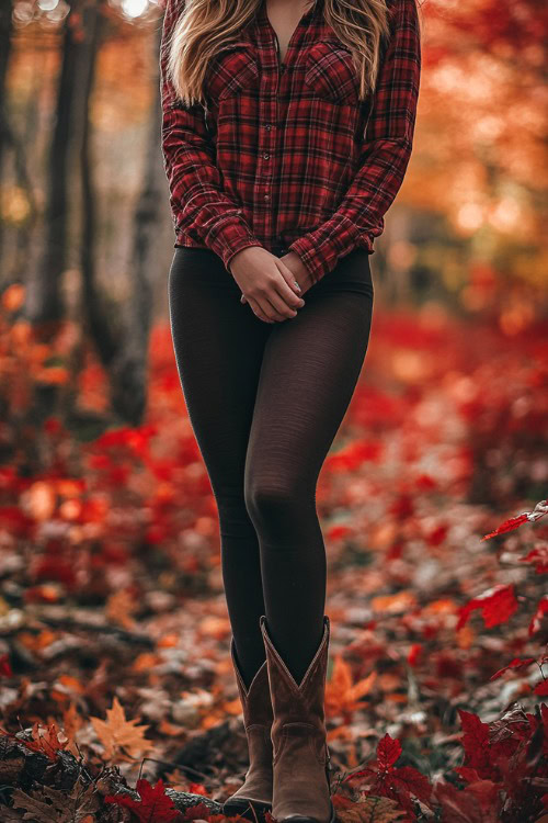 a woman wears a plaid shirt, leggings and brown cowboy boots