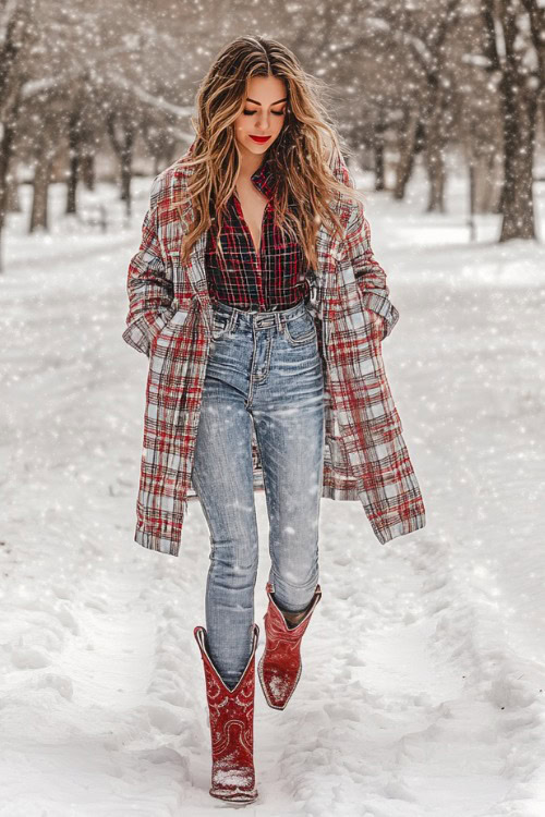 a woman wears a plaid shirt, plaid coat, jeans and red cowboy boots (2)