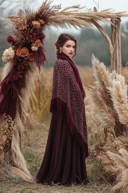 a woman wears a plum wedding guest dress with a matching patterned shawl