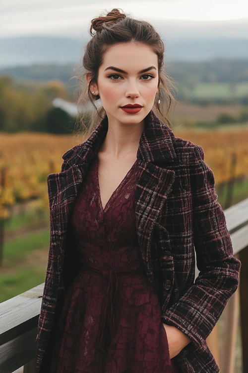 a woman wears a purple lace wedding guest dress with a matching plaid coat