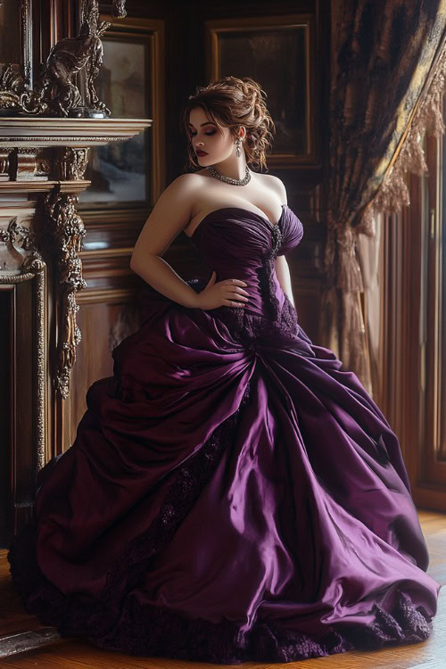 a woman wears a purple strapless wedding guest dress with a voluminous skirt (2)