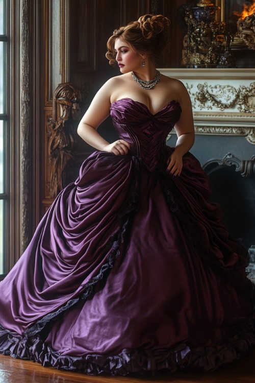 a woman wears a purple strapless wedding guest dress with a voluminous skirt