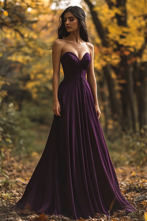 a woman wears a purple strapless wedding guest dress