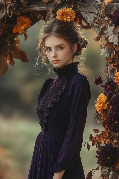 a woman wears a purple wedding guest dress with a high neckline