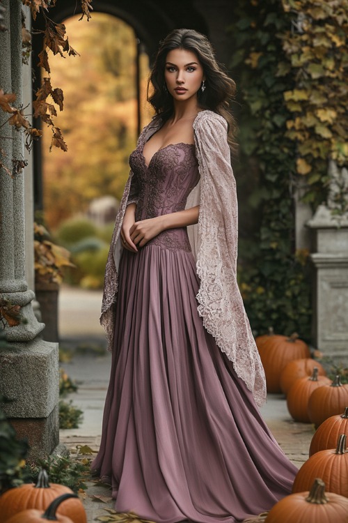 a woman wears a purple wedding guest dress with a light purple shawl