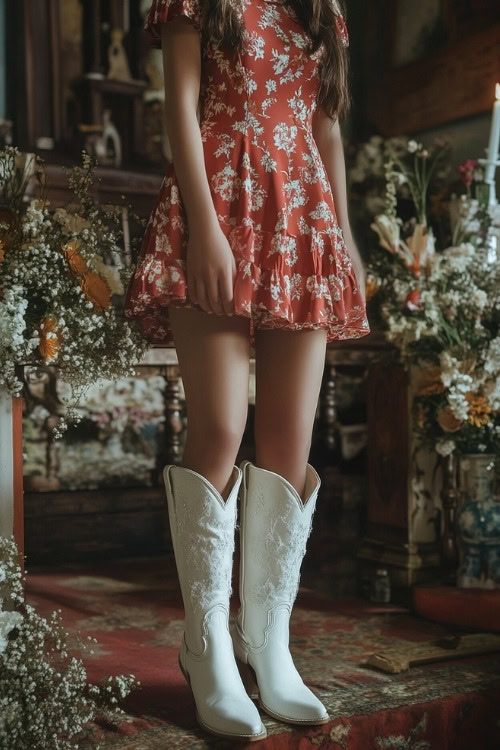 a woman wears a red floral mini dress and white cowboy boots