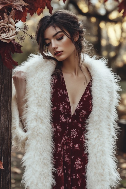 a woman wears a red floral wedding guest dress with a white fur coat