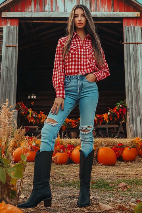 a woman wears a red plaid shirt, ripped jeans and black cowboy boots