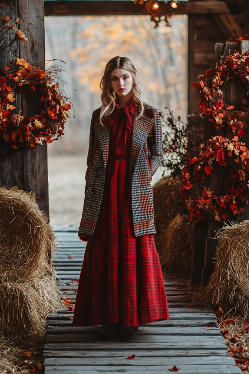 a woman wears a red plaid wedding guest dress with a plaid coat