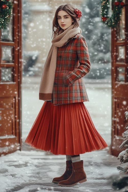 a woman wears a red pleated wedding guest dress with a plaid coat and brown boots