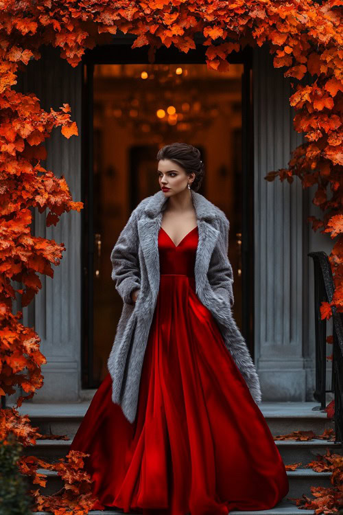 a woman wears a red satin wedding guest dress with a gray fur coat