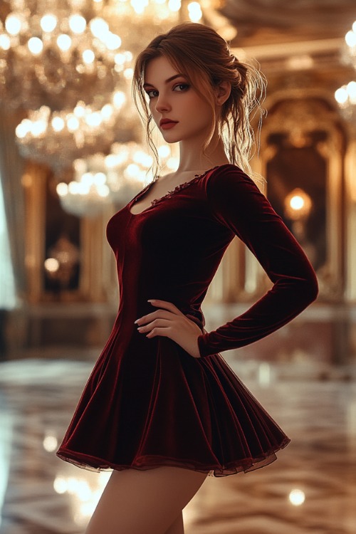 a woman wears a red velvet mini wedding guest dress with long sleeves