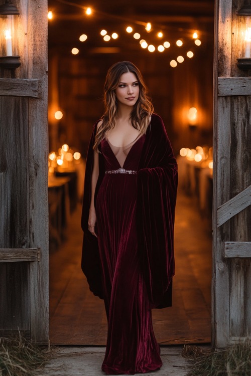 a woman wears a red velvet wedding guest dress with a matching shawl