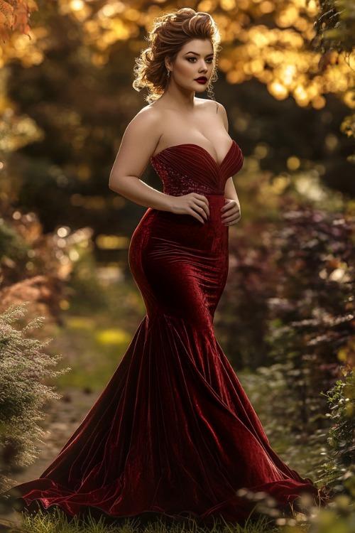 a woman wears a red velvet wedding guest dress with a sweetheart neckline