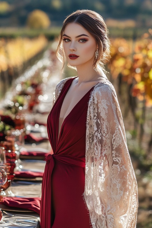 a woman wears a red wedding guest dress with a lace shawl