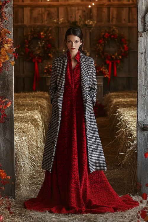 a woman wears a red wedding guest dress with a long plaid coat