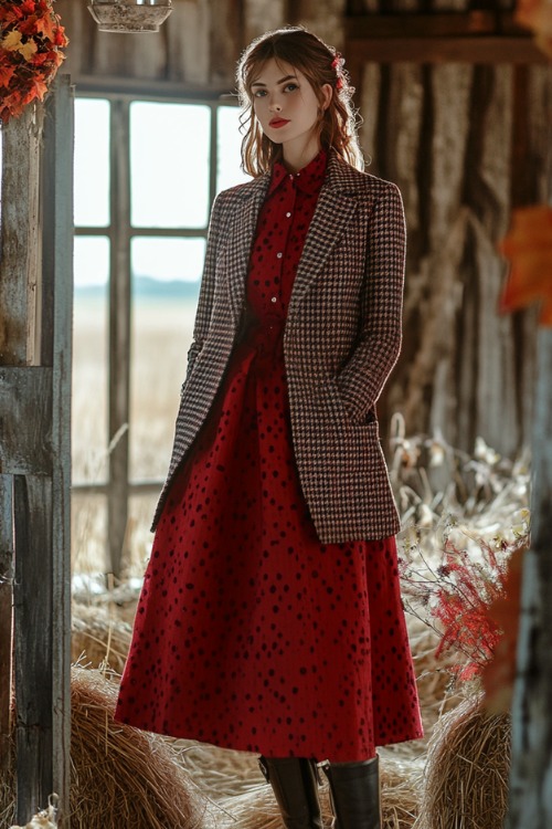 a woman wears a red wedding guest dress with a plaid coat