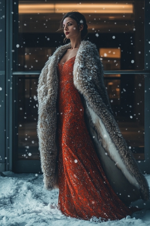 a woman wears a red wedding guest dress with a thick fur shawl