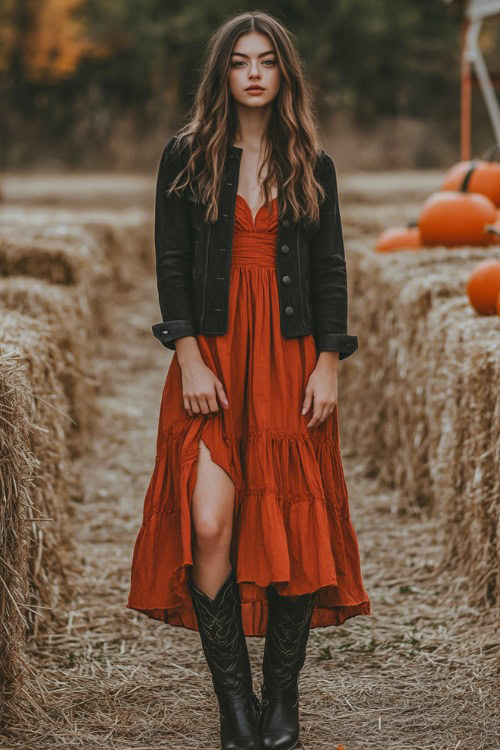 a woman wears a rust dress, black cowboy boots and a black denim jacket