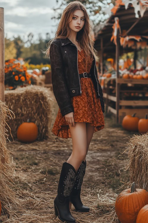 a woman wears a rust patterned mini dress, black cowboy boots and a black jacket