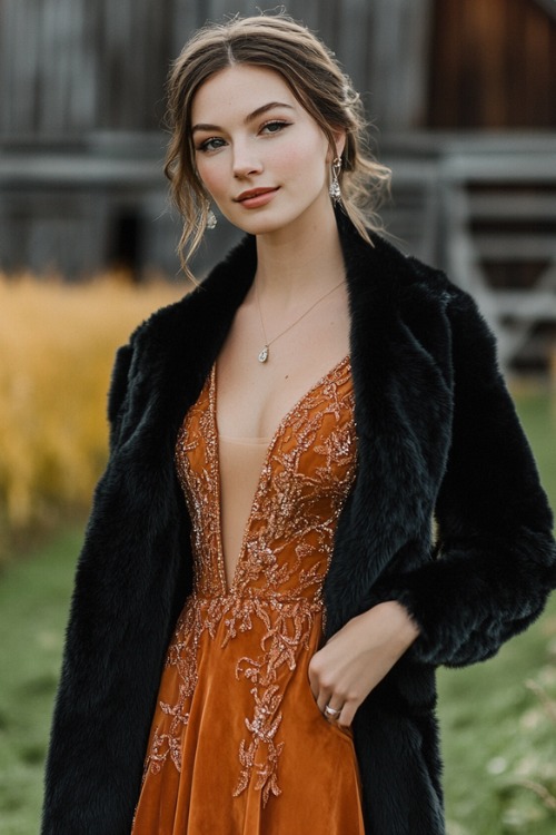 a woman wears a rust wedding guest dress with a black fur coat (2)