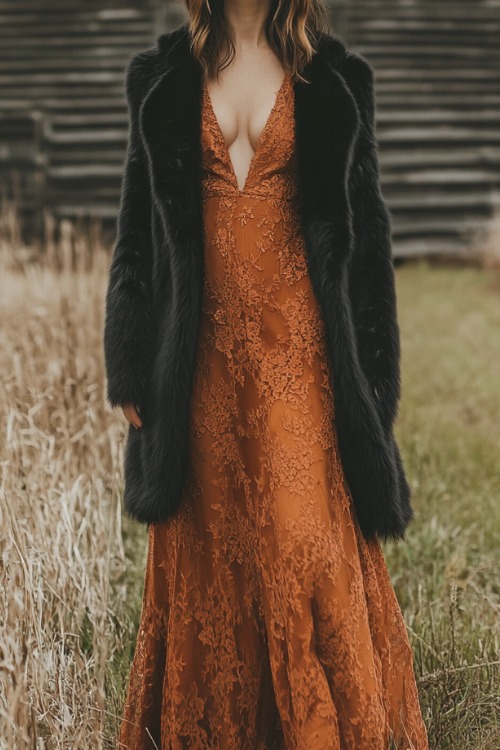 a woman wears a rust wedding guest dress with a black fur coat