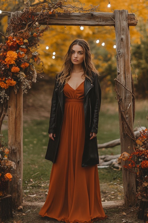 a woman wears a rust wedding guest dress with a long black leather coat