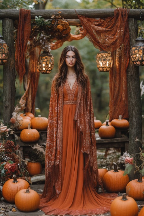 a woman wears a rust wedding guest dress with a matching pattern shawl