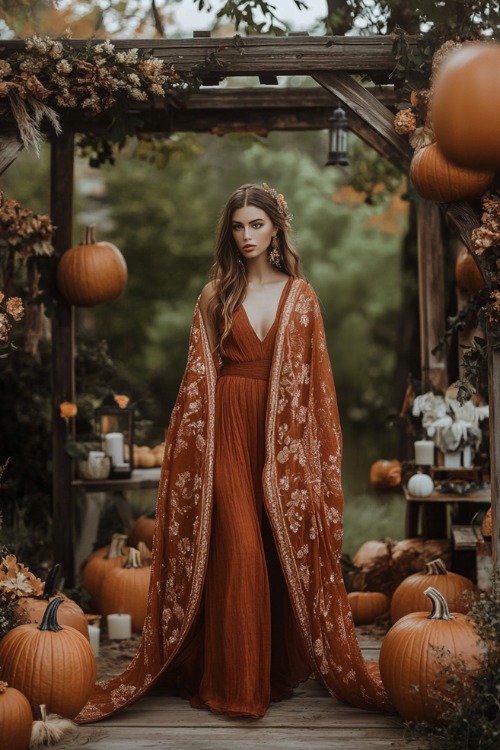 a woman wears a rust wedding guest dress with a matching patterned shawl (2)