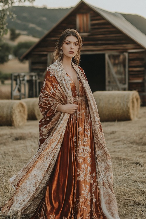 a woman wears a rust wedding guest dress with a matching patterned shawl (3)