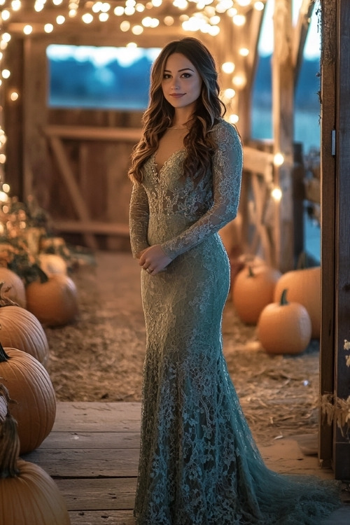 a woman wears a sage green lace wedding guest dress with long sleeves (2)