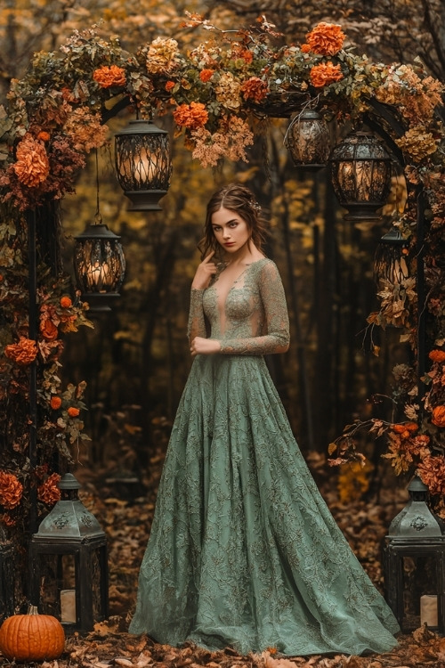 a woman wears a sage green lace wedding guest dress with long sleeves