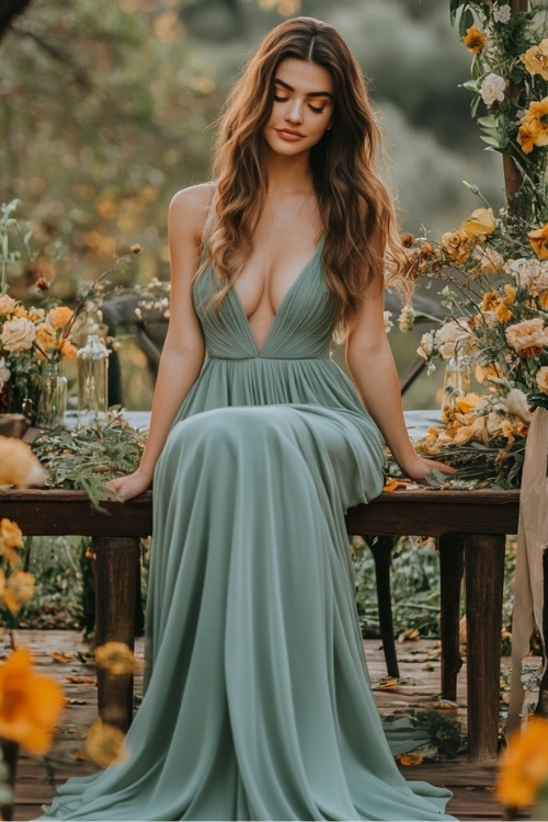 a woman wears a sage green wedding guest dress with a plunging neckline