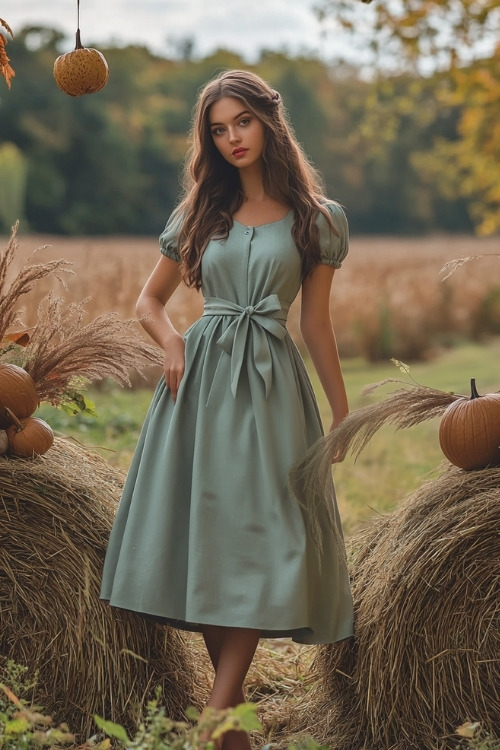 a woman wears a sage green wedding guest dress with puff sleeves (4)