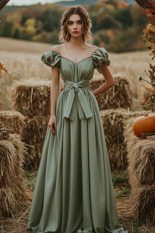 a woman wears a sage green wedding guest dress with puff sleeves