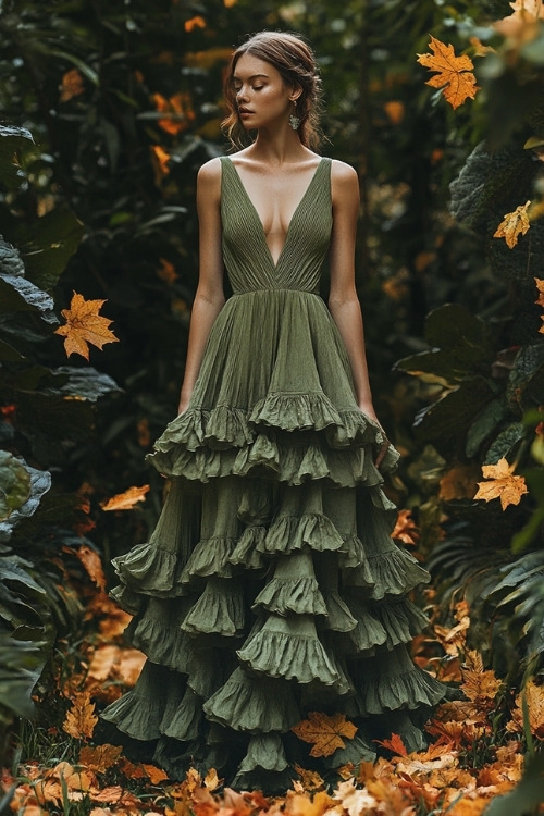 a woman wears a sage green wedding guest dress with ruffle skirt