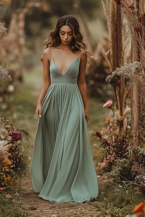 a woman wears a sage green wedding guest dress with thin straps