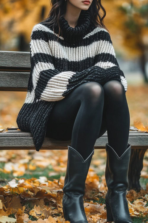 a woman wears a striped sweater, tights and black cowboy boots