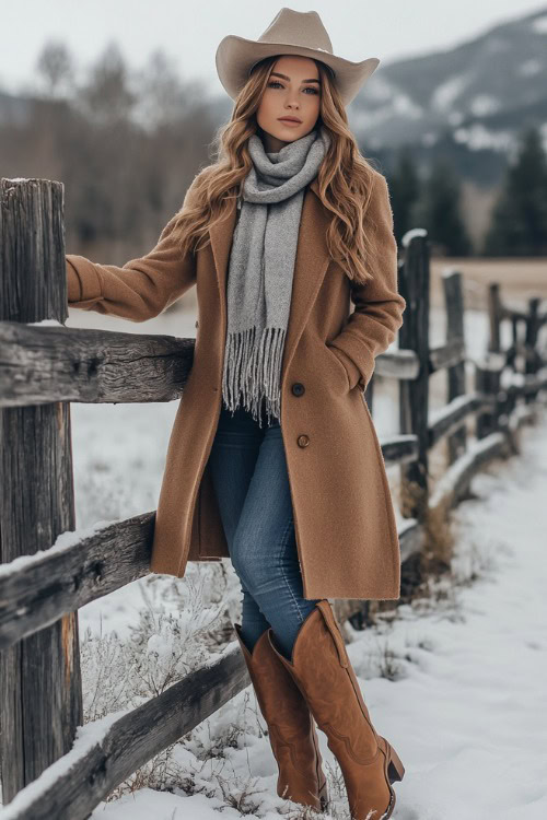 a woman wears a trench coat, a gray scarf, jeans and brown cowboy boots