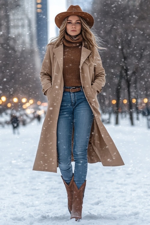 a woman wears a trench coat, brown sweater, jeans and brown cowboy boots